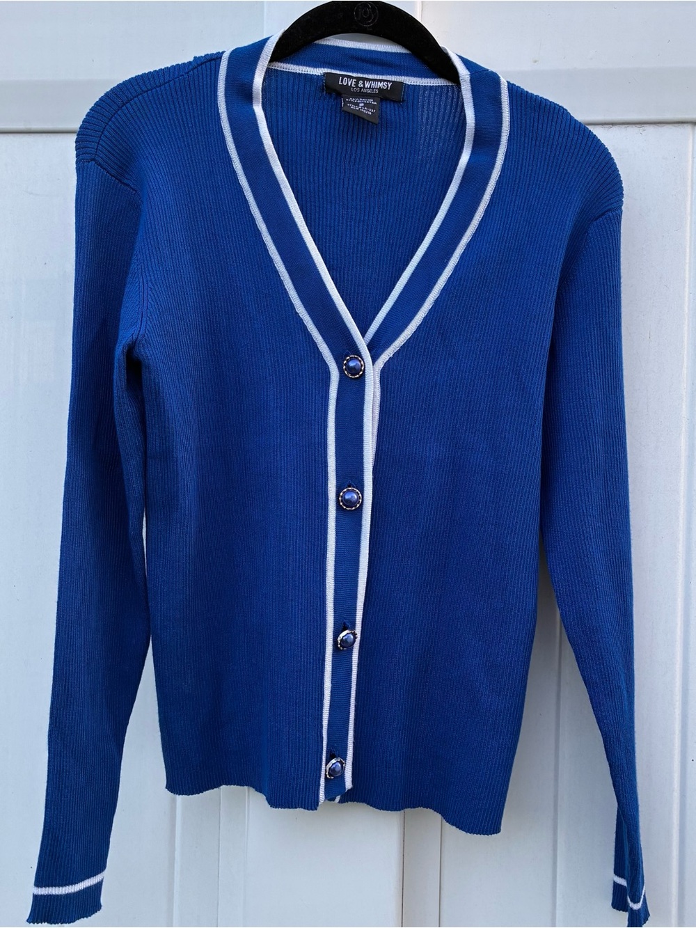 Women’s Sweater Royal Blue White V-Neck Button Cardigan Preppy NWOT Sz S